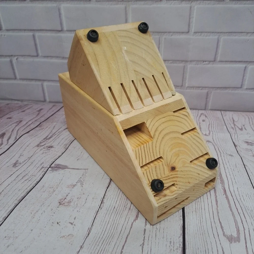 Kitchen Knife Block Wood Butcher Block Style 14 Slots Cutters Sharpener Steak 9